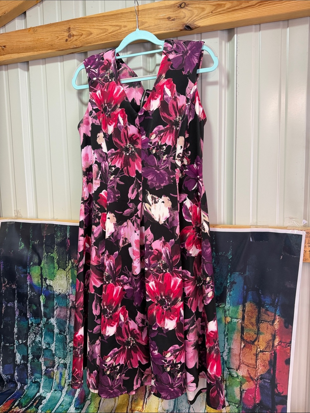 Danny & Nicole Black Floral Midi Dress with Pink & Purple Blooms